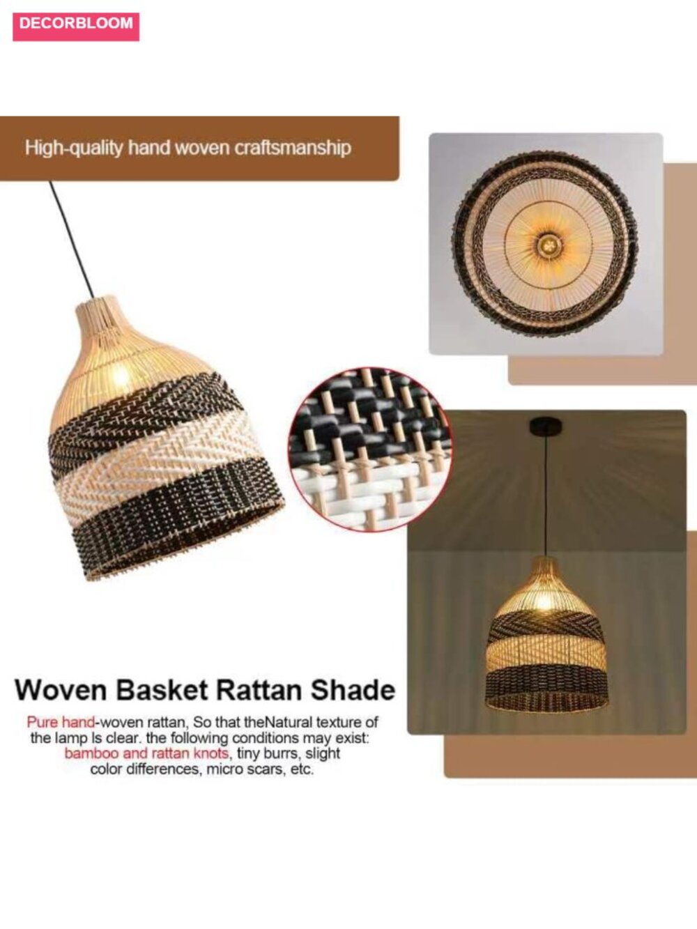 Handwoven Rattan Pendant Light 11.8" Wicker Chandelier for Dining Room Kitchen - Picture 5 of 5